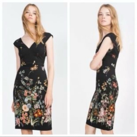 ZARA Woman Dress Plunging V Neck Sleeveless Fitted Black Floral Sz XS - Picture 1 of 9